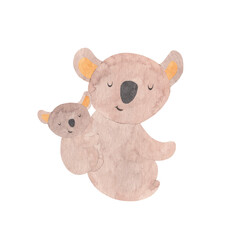 Koala bear mother with baby - watercolor hand drawn illustration. Isolated on png transparent background