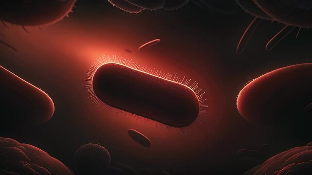 Microscopic View of Bacteria with Dramatic Red Illumination - Perfect for Science and Medical Health Projects in microbiology, bactericide or vaccination.