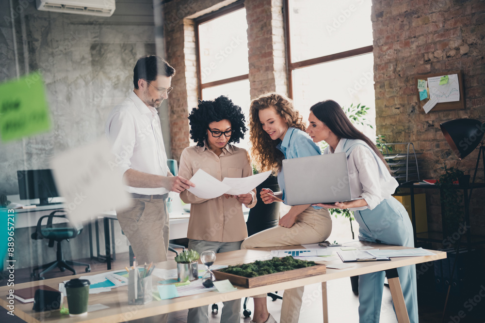 Poster portrait of group professional corporate workers read documents use netbook loft interior business c