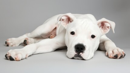 Obraz premium Adorable white puppy resting on a light gray background, showcasing its cute and innocent appearance, perfect for pet and animal themes.