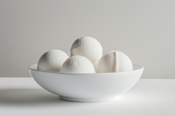 A beautiful arrangement of natural bath bombs on a white ceramic dish, perfect for a relaxing bath experience. The soft white background adds a touch of serenity to the scene.