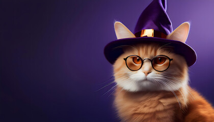 katze, hexe, hut, zauberer, halloween, copy space, ad, lila, tier, hexen, kostüm, kätzchen, portrait, orange, schön, gesicht, gestalten, werbetafel, webefläche, brille, süss, haustier, felino, mit, 3d