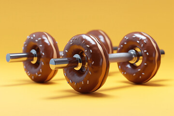 surreal concept featuring gym dumbbells made of chocolate donuts