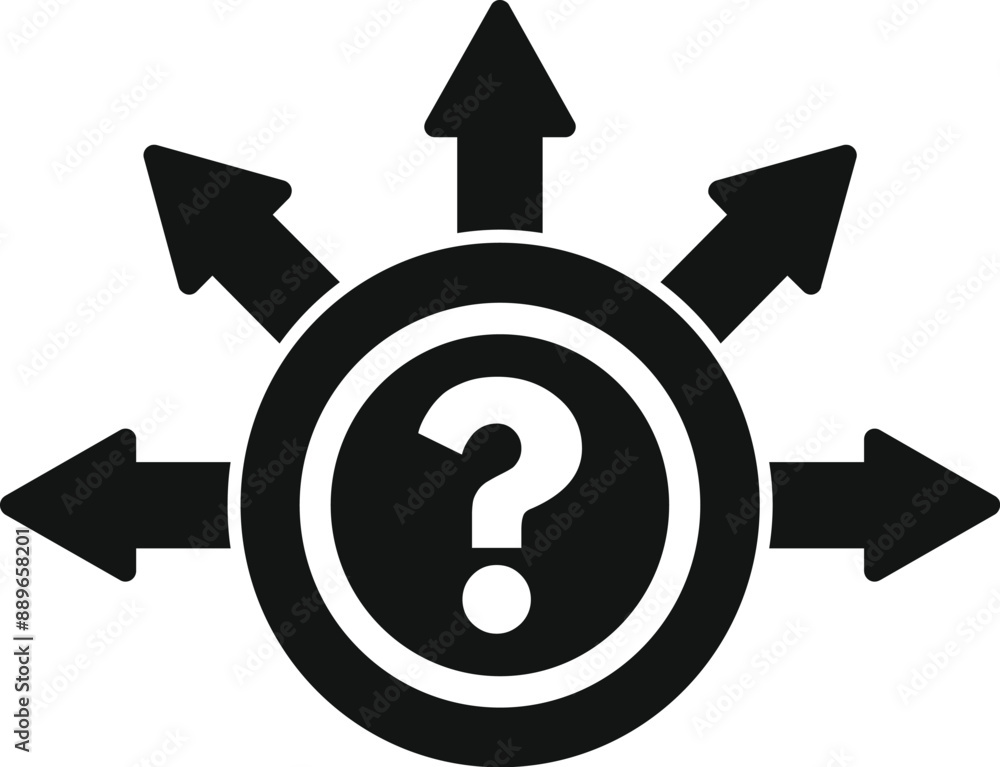 Poster black and white icon of a question mark at the center of many arrows pointing in different direction