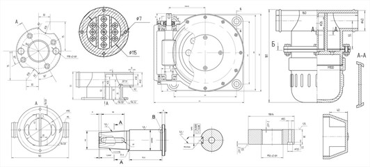 Vector set of steel mechanical devices with shaft, 
gear, electric engine, bolted connection 
and dimension lines. Assembly drawing of cylindrical 
worm reducer. Engineering technical cad scheme. 