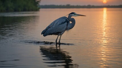 Naklejka premium Majestic great blue heron stands in shallow water, its graceful form silhouetted against serene sunset. Birds reflection ripples gently on waters surface, mirroring tranquil scene.
