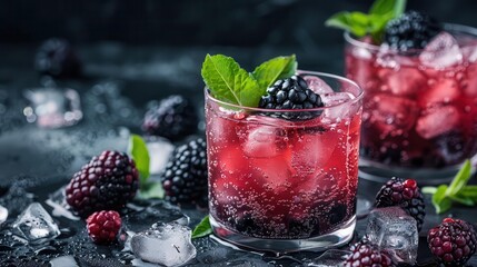 A sophisticated image featuring two blackberry cocktails with fresh blackberry and herb garnishes