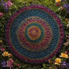 Obraz premium Amidst lush greenery, vibrant circular mandala blooms, its intricate design captivating eye. Concentric circles, filigree work, rich palette of blues, purples, yellows, pinks create depth.