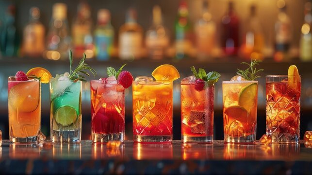 An enticing display of multiple cocktails in a row