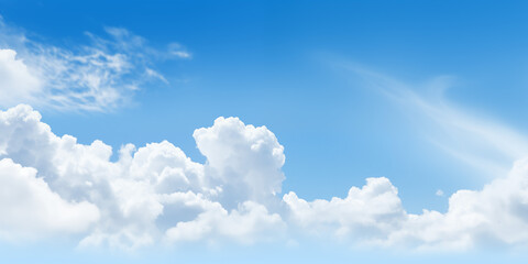Fototapeta premium Błękitne niebo, obłoki i chmury. Tło panoramiczne do banerów, grafik. Rajska przestrzeń.