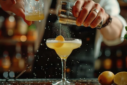 A detailed shot of a bartender expertly pouring a cocktail into a glass through a strainer The focus on the hands and drink emphasizes the craftsmanship