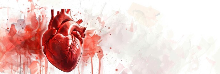 World Heart Day. Horizontal banner. Red heart with red spots and splashes, white background. Free space for text. Health care concept, healthy lifestyle, prevention of heart attack, organ donation