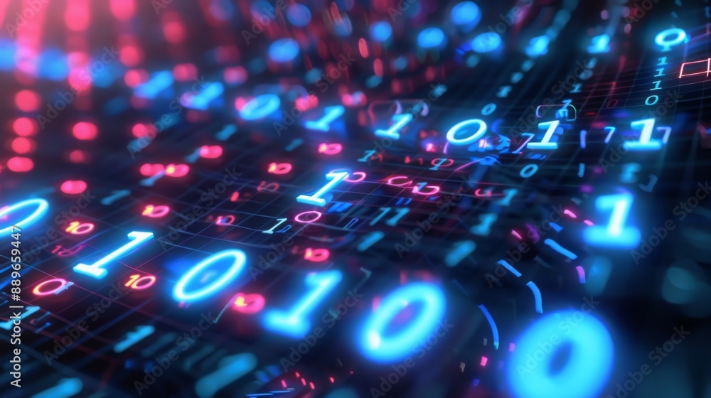 Aufkleber Close-up view of a binary code pattern with glowing blue and red lights. The numbers appear to be floating in a digital space, creating a dynamic and abstract image.