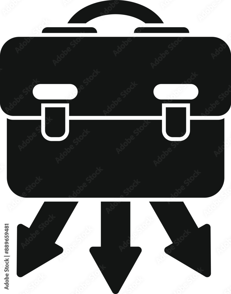 Poster black and white icon of a briefcase falling in value with three downward arrows representing diversi