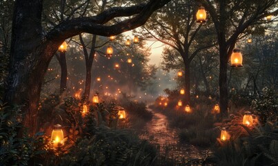 Mysterious forest clearing with glowing lanterns, 31st October