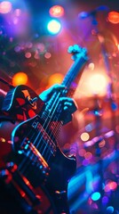 A guitar is being played in a concert setting with bright lights