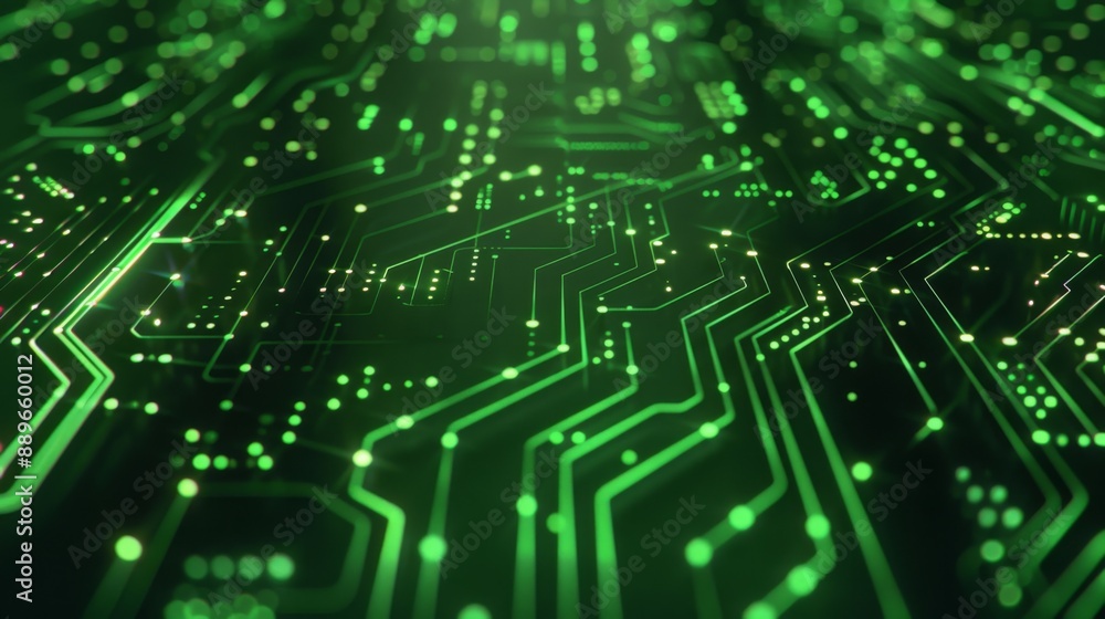 Poster A close-up shot of a circuit board with glowing green lines and dots, creating a futuristic and technological aesthetic.