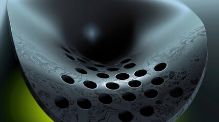 A close up of the bottom half of an airbrush with holes it, inspired in the style of dark silver and light green, on an isolated background and circular shapes