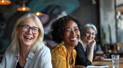 Fototapeta premium A group of women are smiling and laughing at a restaurant