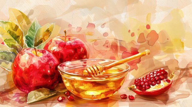 Rosh hashanah celebration. Watercolor illustration. Jewish New Year holiday. Red apples, honey and pomegranates on a light background. Horizontal banner. Free space for text, Greeting card, poster