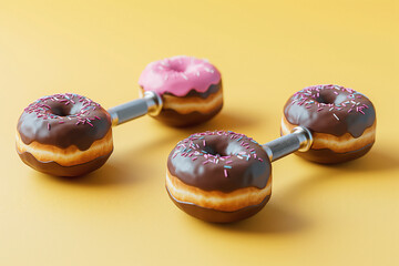 surreal concept featuring gym dumbbells made of chocolate donuts