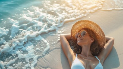 A Woman in a Bikini Sunbathing on the Beach, Enjoying a Bright Sunny Day on Vacation