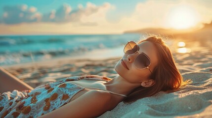 A Woman in a Bikini Sunbathing on the Beach, Enjoying a Bright Sunny Day on Vacation