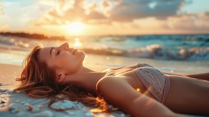 A Woman in a Bikini Sunbathing on the Beach, Enjoying a Bright Sunny Day on Vacation