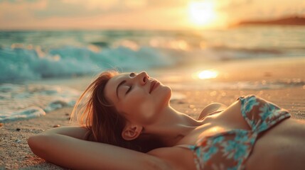 A Woman in a Bikini Sunbathing on the Beach, Enjoying a Bright Sunny Day on Vacation