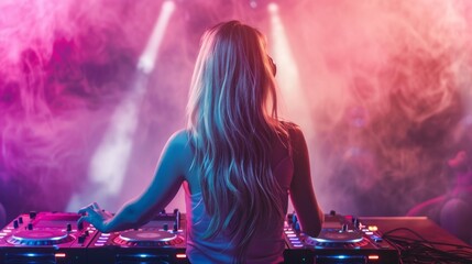 A woman is playing a DJ set in a club with smoke and lights