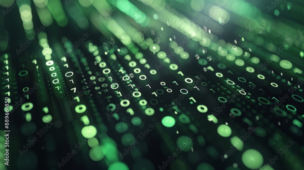 Poster A digital stream of binary code flows downward, represented by green circles with white digits. The code appears to be moving rapidly, suggesting a dynamic and active data flow.