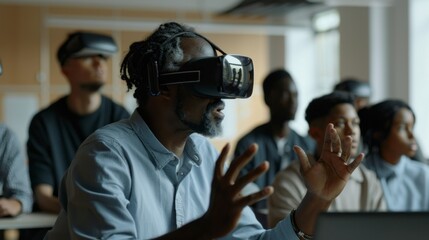 A man wearing a VR headset is talking to a group of people