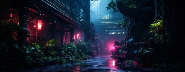 Nighttime city alley with neon lights reflecting on wet surfaces, surrounded by lush greenery, creating a cyberpunk ambiance.