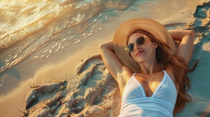 A Woman in a Bikini Sunbathing on the Beach, Enjoying a Bright Sunny Day on Vacation