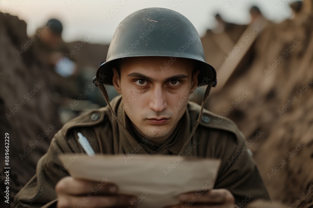 Wall mural A soldier in a helmet reads a letter while perched on a trench