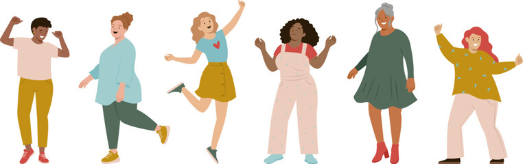 Happy dancing woman illustration set. Smiling girls having fun collection. Party isolated flat design. Pose diversity.
