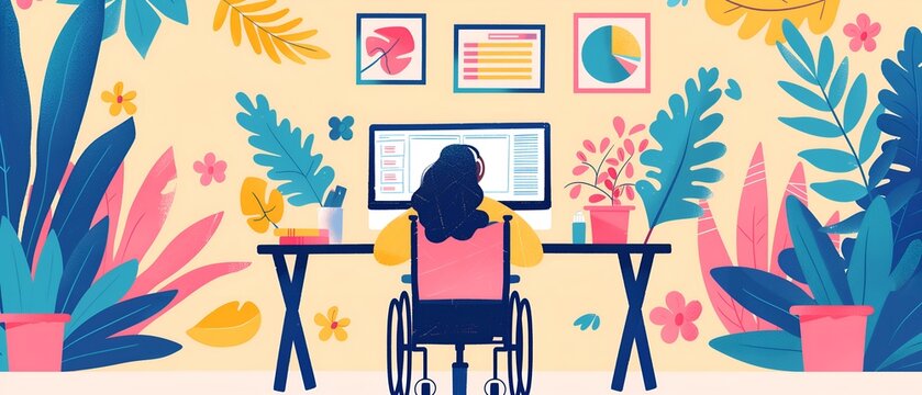 Disabled Woman in Wheelchair working on laptop. illustration