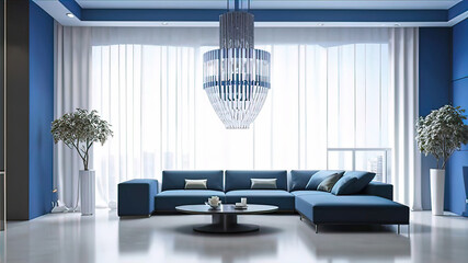 royal great room design in a large home, blue and gray color scheme, new age ceiling with modern chandelier, large antique wooden coffee table with crystal vases