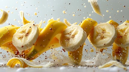 Fresh Banana Slices and Peels Splashing in Liquid