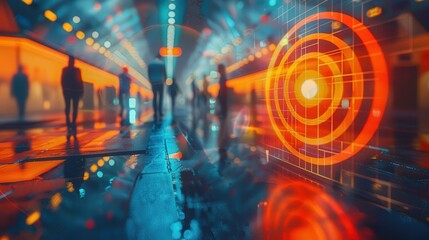 Silhouettes of people walking through a futuristic cityscape with glowing neon lights and a large digital target in the background.