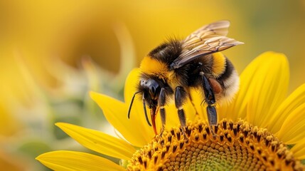  A tight shot of a bee atop a sunflower against a softly blurred sunflower backdrop