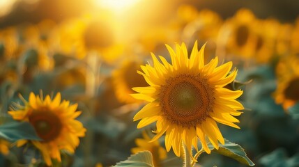  A sprawling sunflower field with sun's rays beaming through its core, leaves in the foreground framed by sunlight