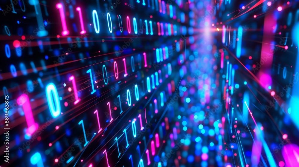 Poster A tunnel made of glowing pink and blue binary code.