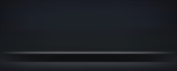 Black podium or pedestal display on dark background with long platform. Blank product shelf standing backdrop.