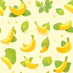 Seamless Pattern of Yellow Bananas and Green Leaves on a Light Yellow Background.
