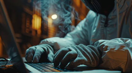 Hacker hacks laptop. A hacker wearing gloves steals data from a computer. The thief installs a virus. Internet security concept.