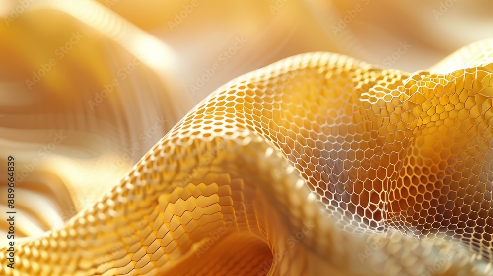 Poster  A tight shot of a yellow fabric, foregrounded by clear honeycombs, background softly blurred with honeycombs