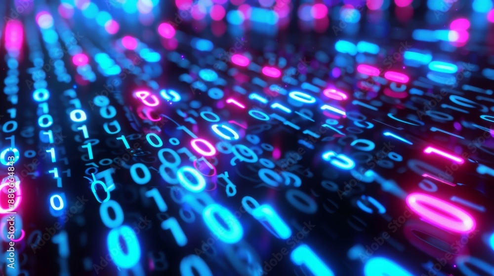 Poster A close-up view of a digital stream, composed of glowing binary code in shades of blue and pink.