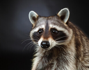 A close-up of a raccoon&rsquo;s face with detailed fur texture and a curious expression
