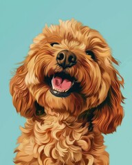 A cheerful, smiling brown fluffy dog against a blue background, radiating happiness and warmth in this vibrant illustration.